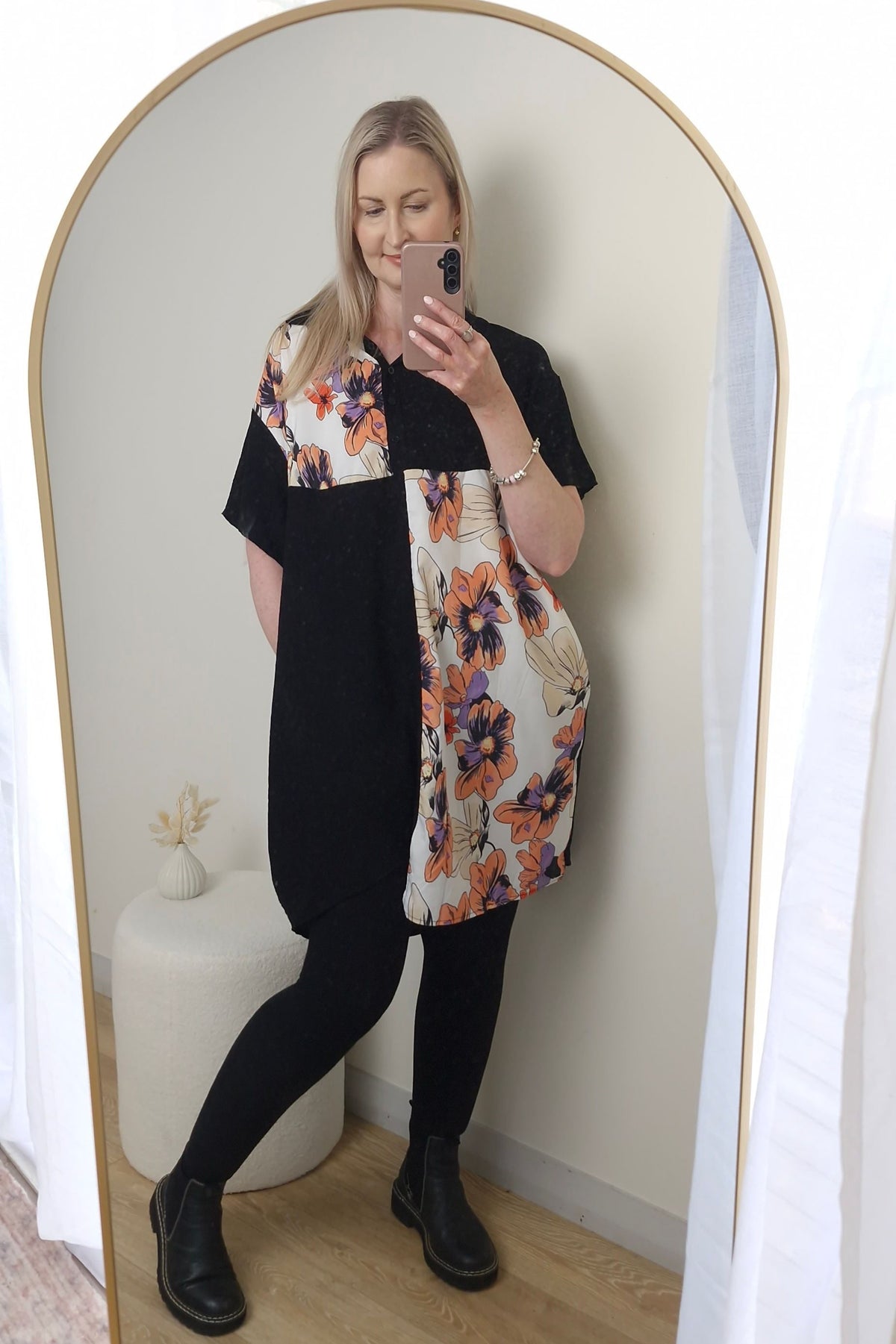 Black - Peach Floral Paneled Overshirt/Tunic