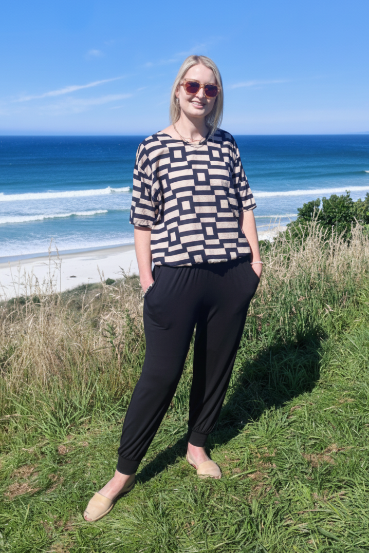 Short Sleeve Verity Tie Top - Navy/taupe Mosaic