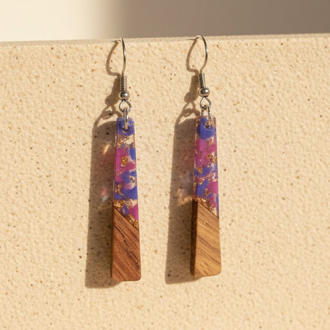 Purple/pink Gold Flake - Rectangular Wood & Resin Earrings