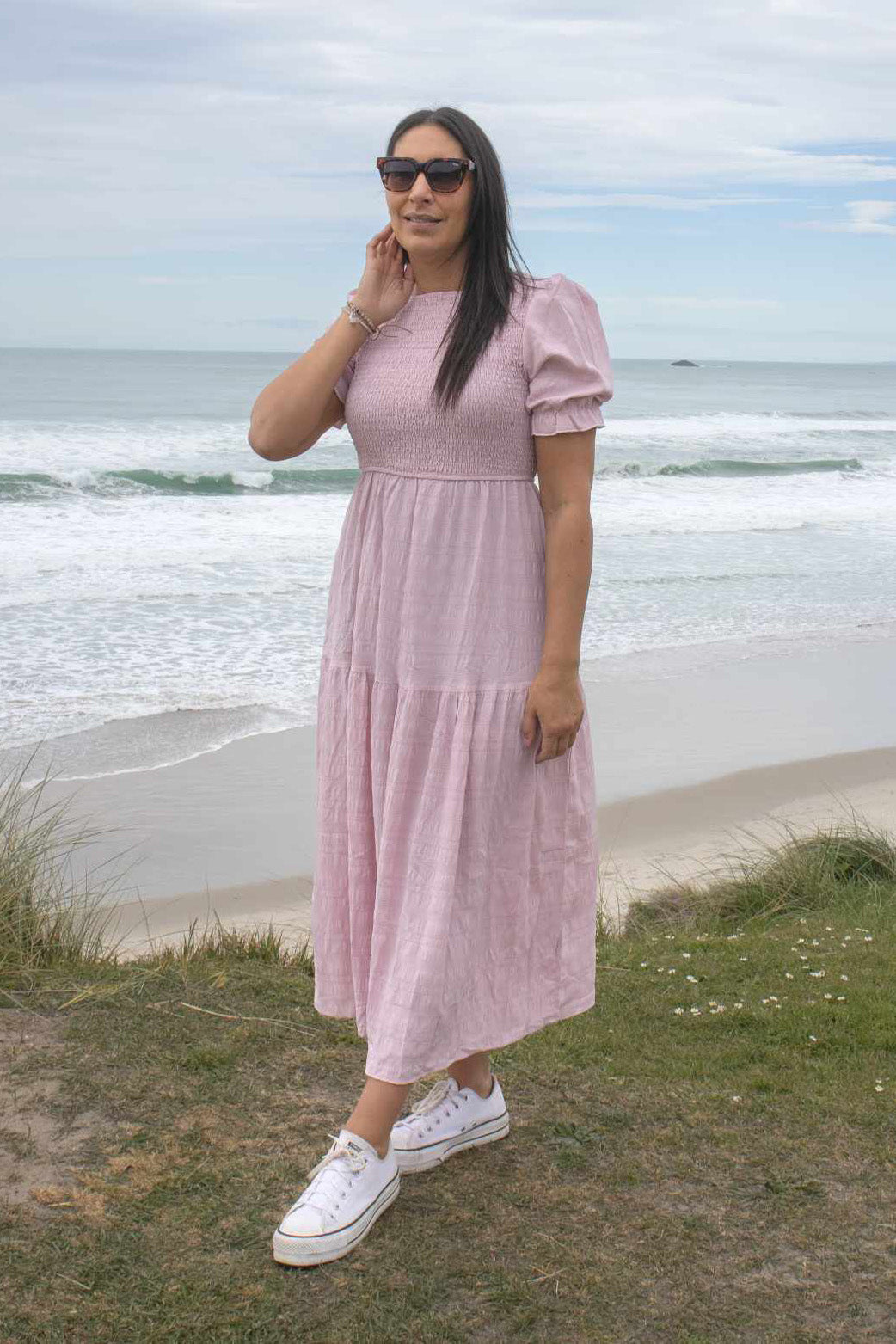 Baby Pink - Textured Short Sleeve Shirred Josephine Dress