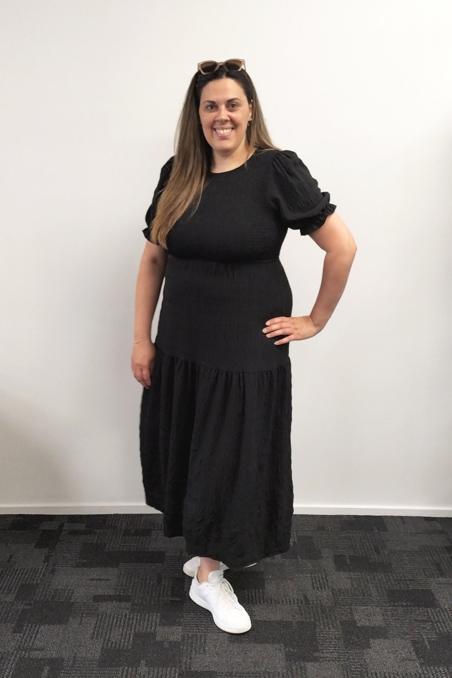 PRE-ORDER** Black - Textured Short Sleeve Shirred Josephine Dress