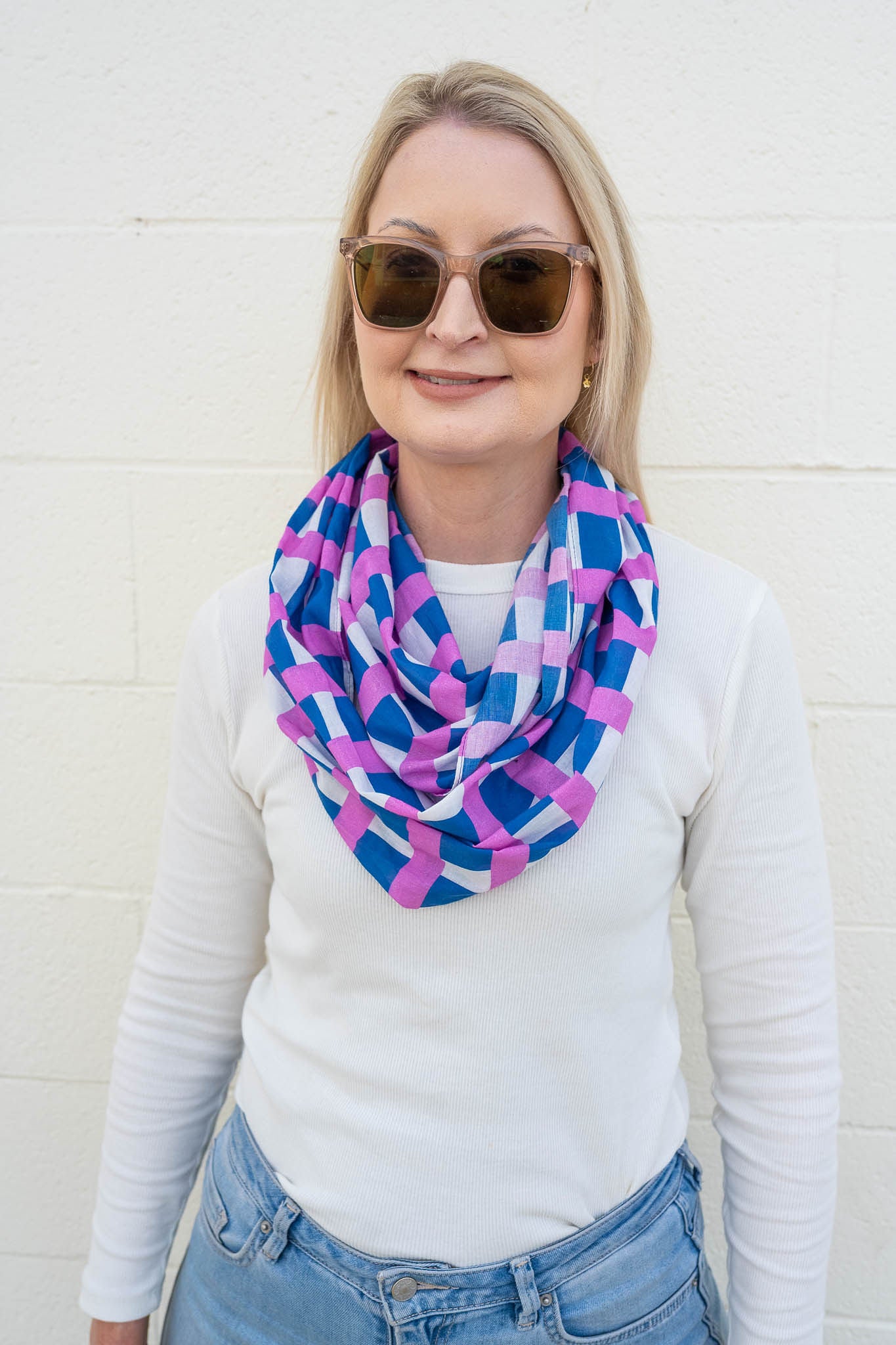 Cotton Scarf - Blue Grid Lightweight Infinity