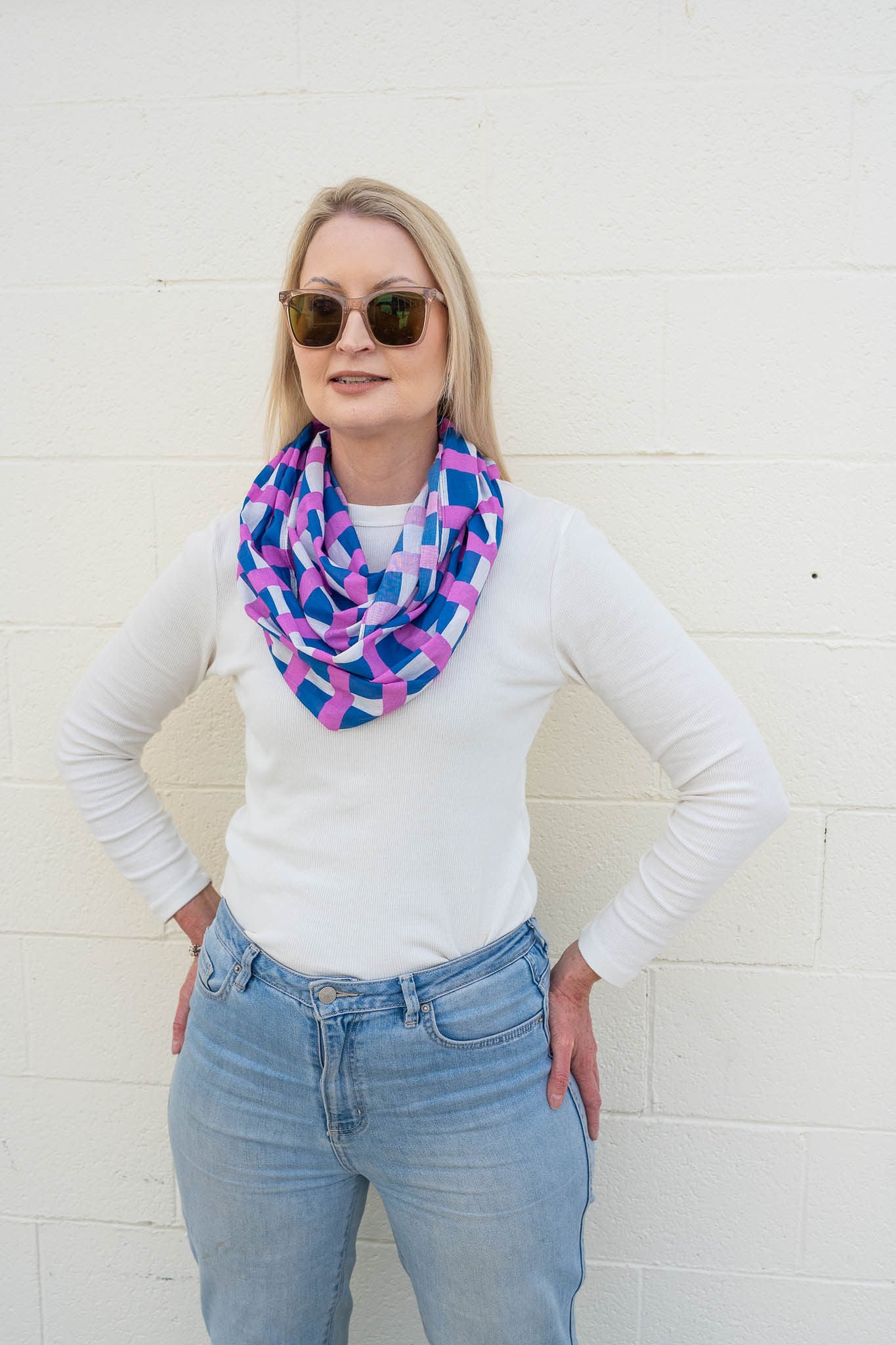 Cotton Scarf - Blue Grid Lightweight Infinity