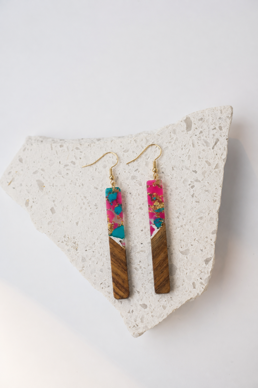 Bright Pink/Aqua Gold Flake Glam - Wood & Resin Earrings