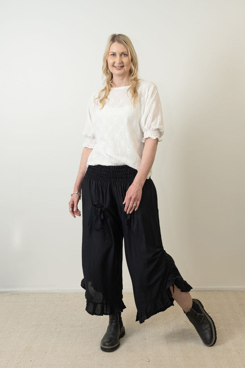 Wideleg Ruffle Hem Pants - Black