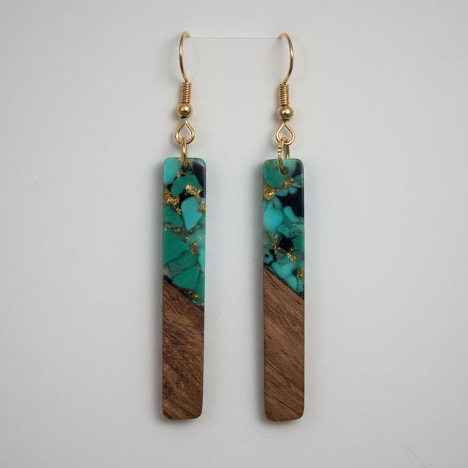 Aqua Gold Flake Glam - Wood & Resin Earrings
