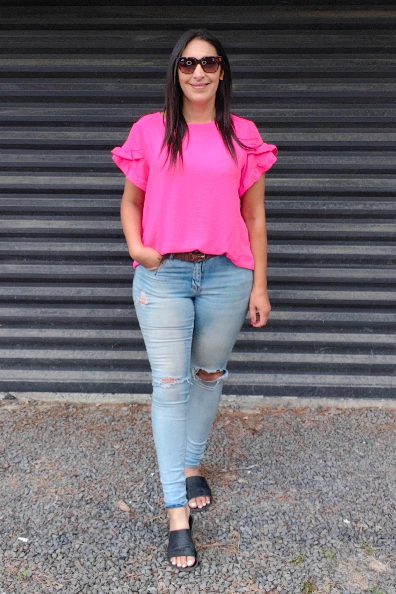 Hot Pink - Silky Vanessa Ruffle Sleeve Top