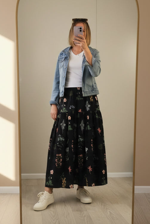 Tiered Victoria Maxi Skirt - Black Botanical