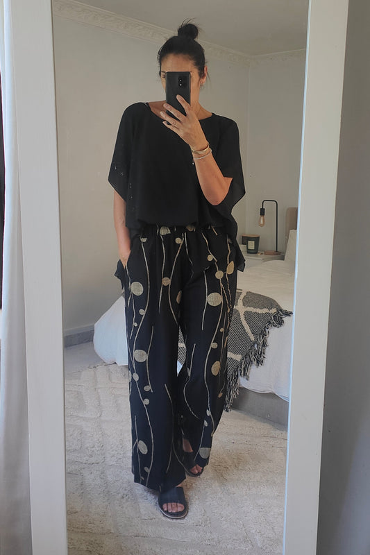 Black & Rattan Foliage - Straight Leg Pants