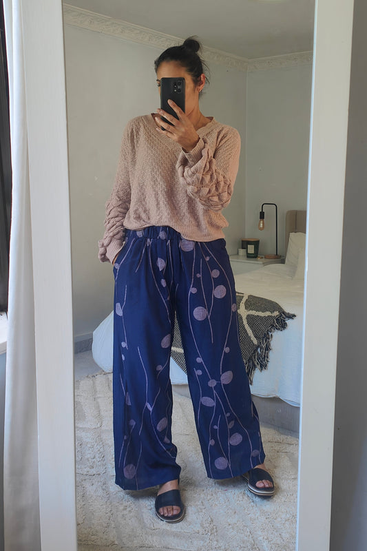 Navy & Pink Foliage - Straight Leg Pants