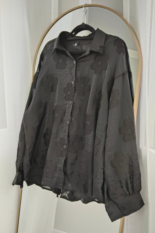 Sheer Floral Suri Button Up Shirt - Black