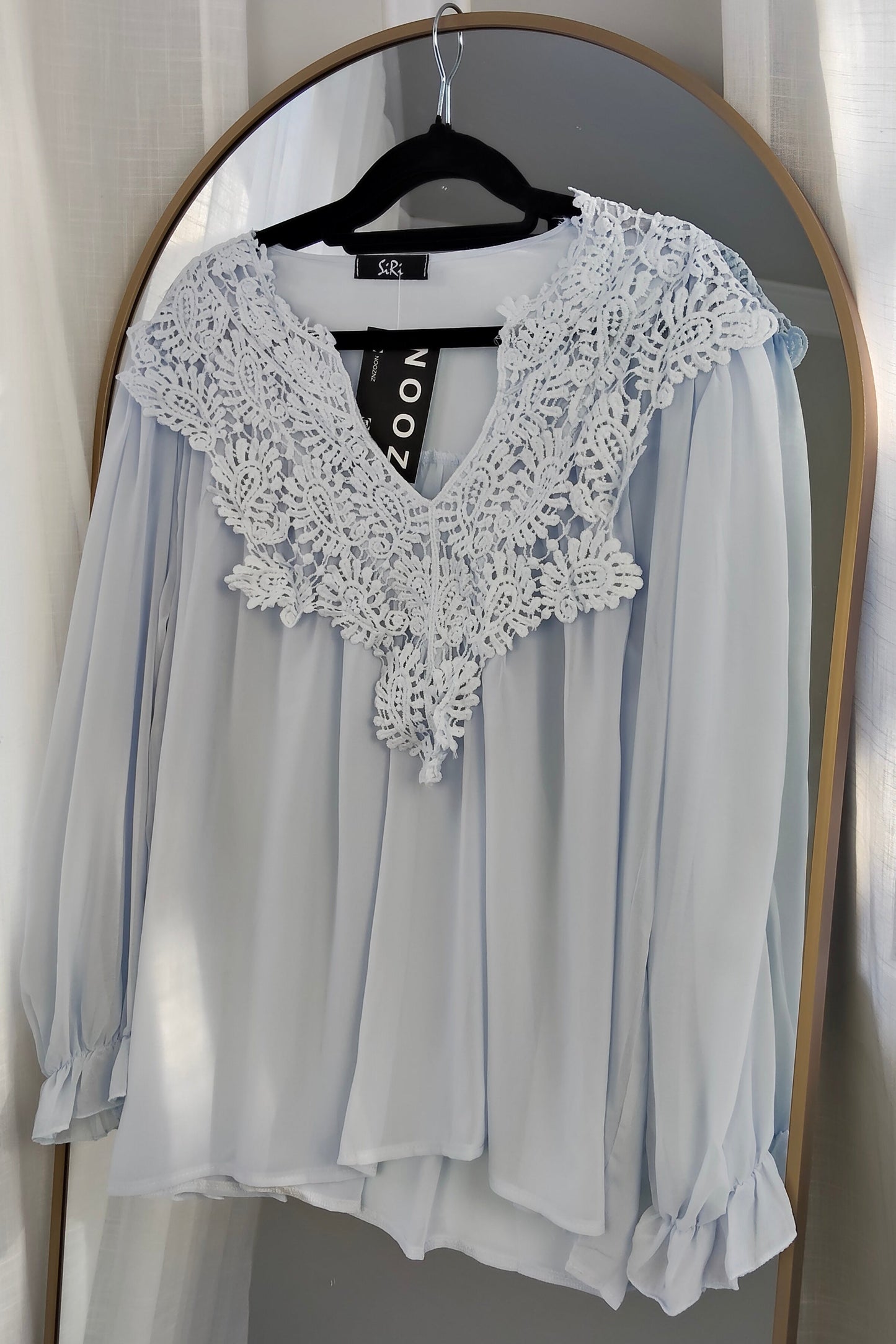 Embroidery Neckline Sheer Top -Light Blue