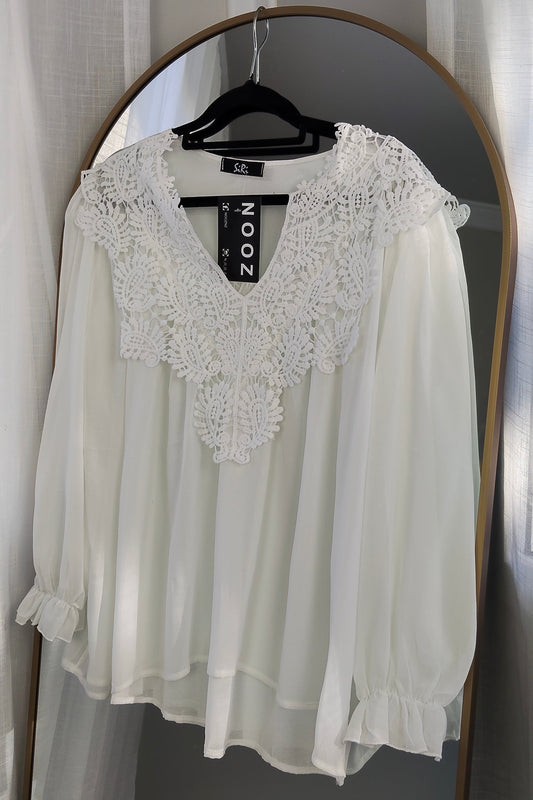Embroidery Neckline Sheer Top - White