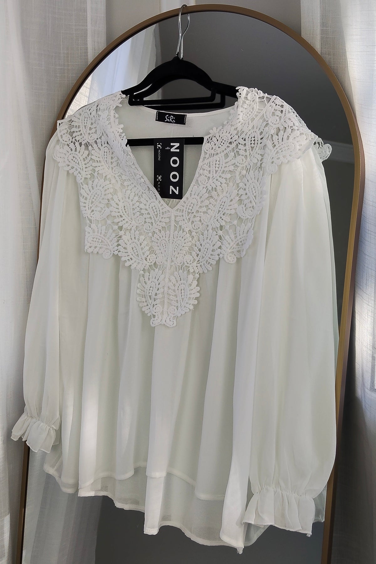 Embroidery Neckline Sheer Top - White