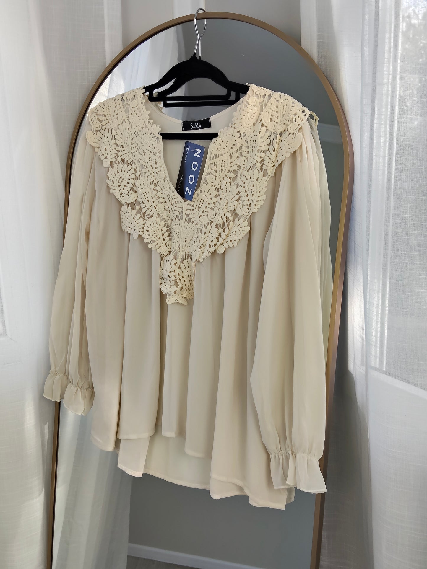 Embroidery Neckline Sheer Top -Cream