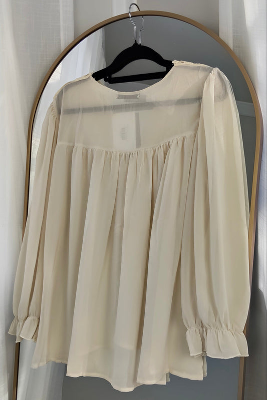 Embroidery Neckline Sheer Top -Cream
