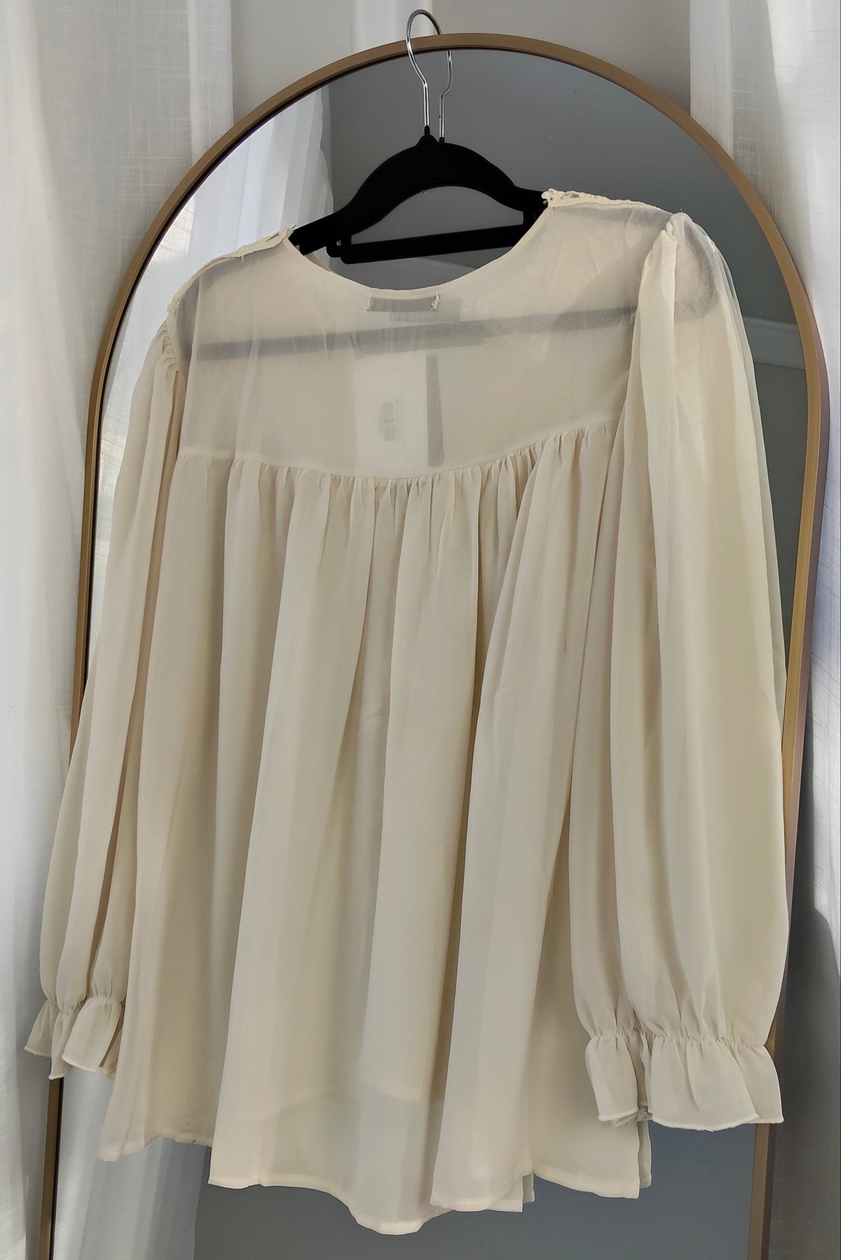 Embroidery Neckline Sheer Top -Cream