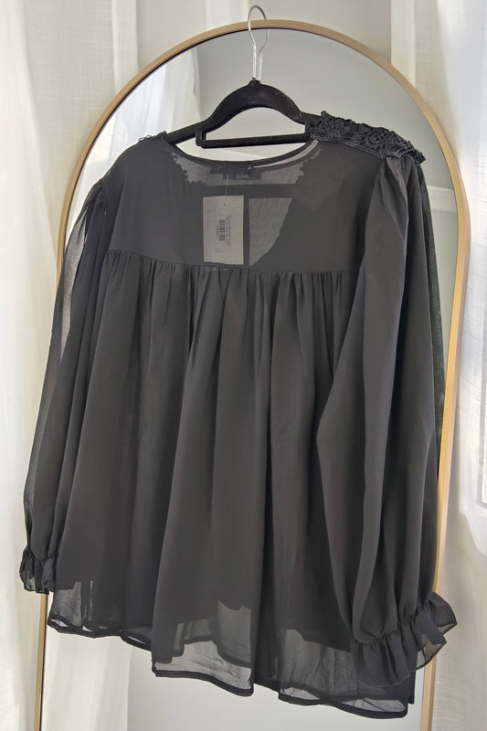 Embroidery Neckline Sheer Top -Black