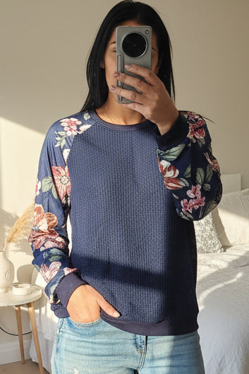 Floral Sleeve Lina Top - Navy