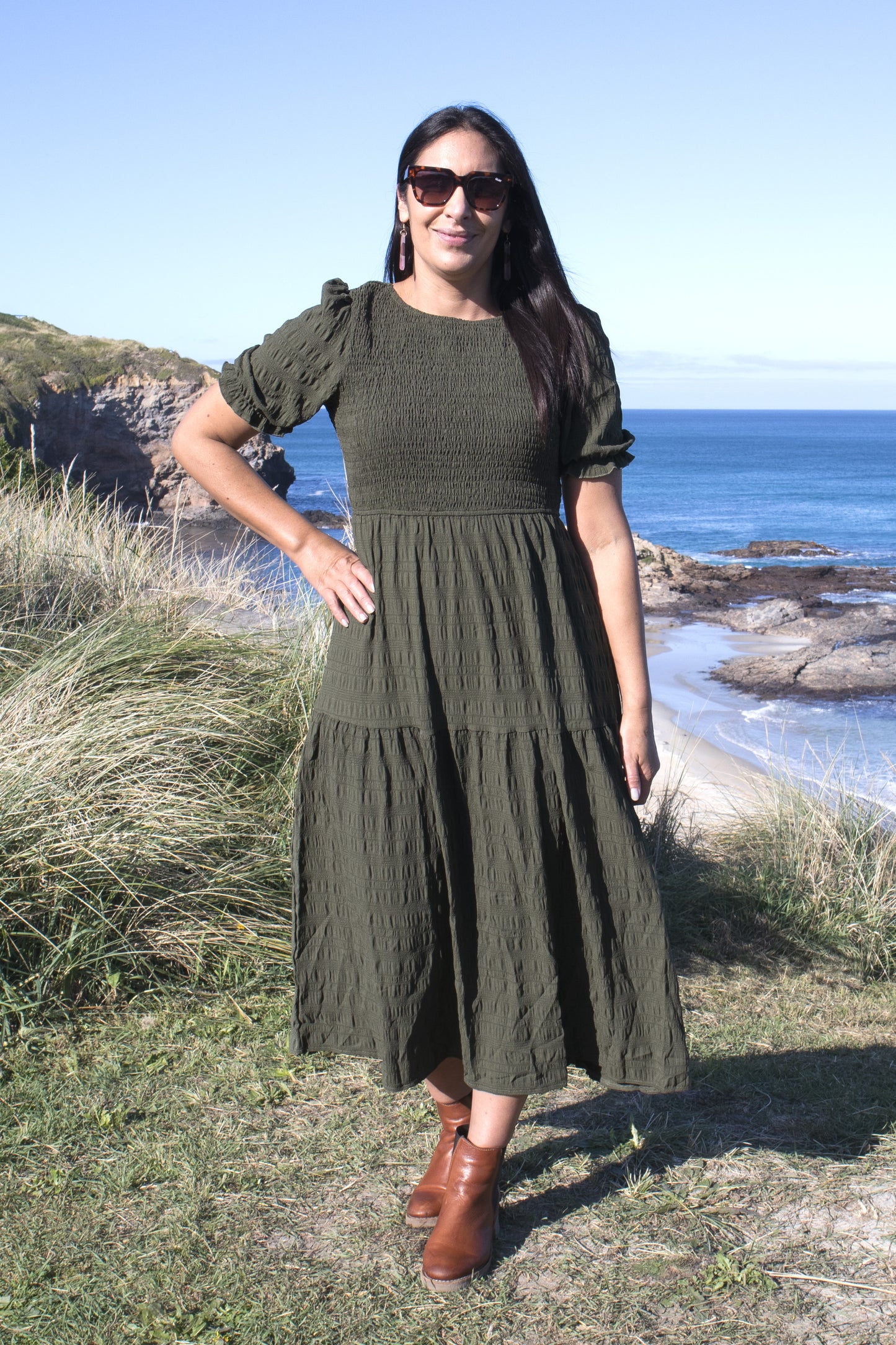 PRE-ORDER** Khaki - Textured Short Sleeve Shirred Josephine Dress
