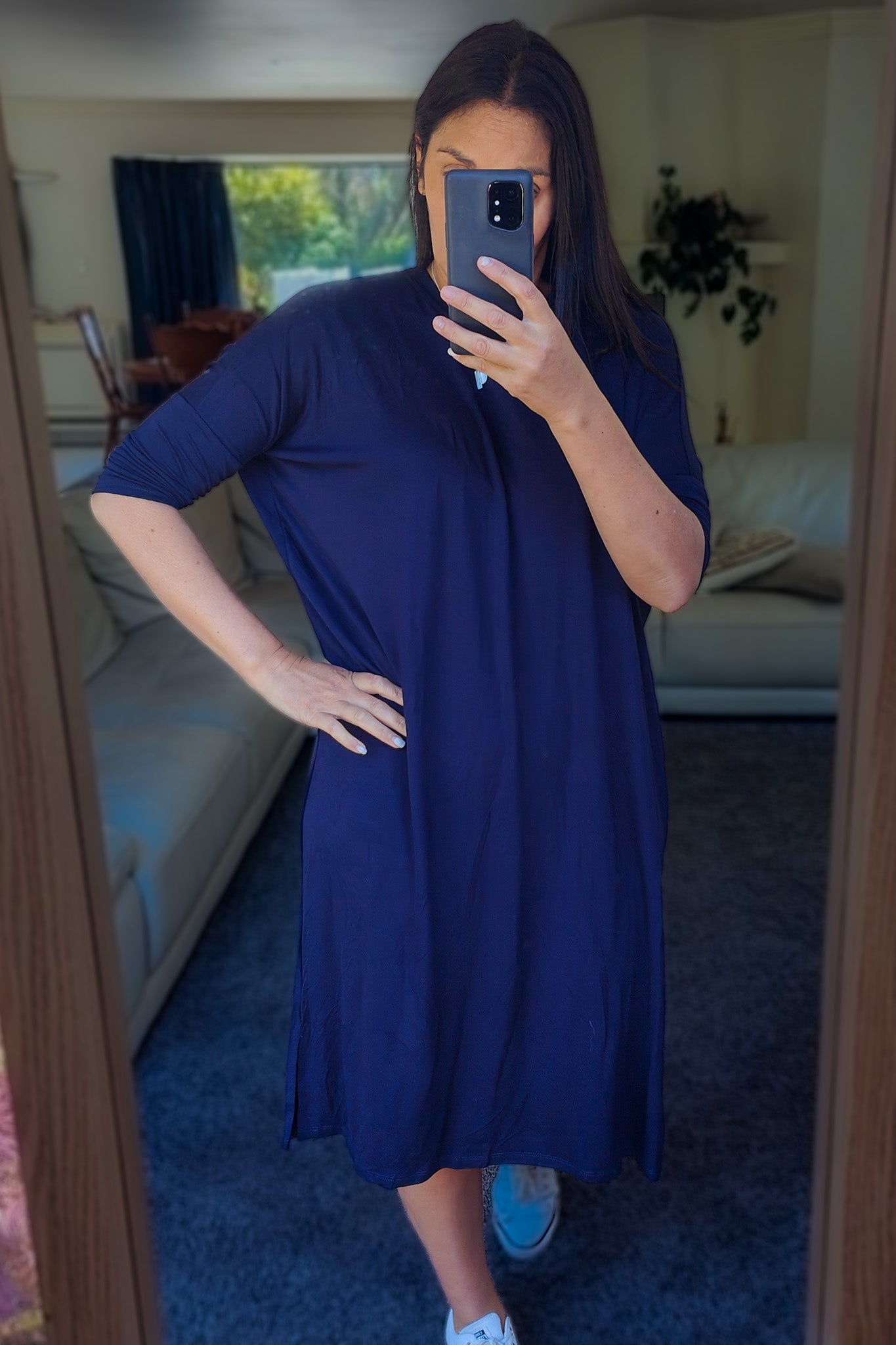 Longer Henley Draped Dress - Navy