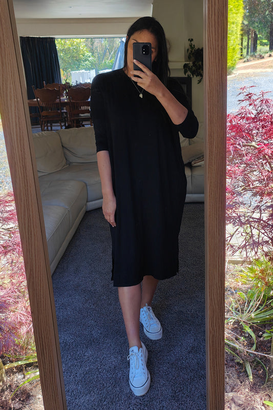 Longer Henley Draped Dress - Black