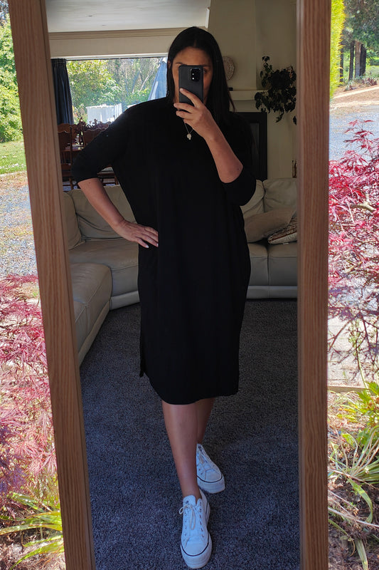 Longer Henley Draped Dress - Black