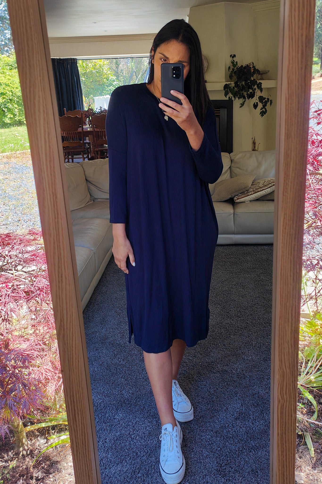 Longer Henley Draped Dress - Navy