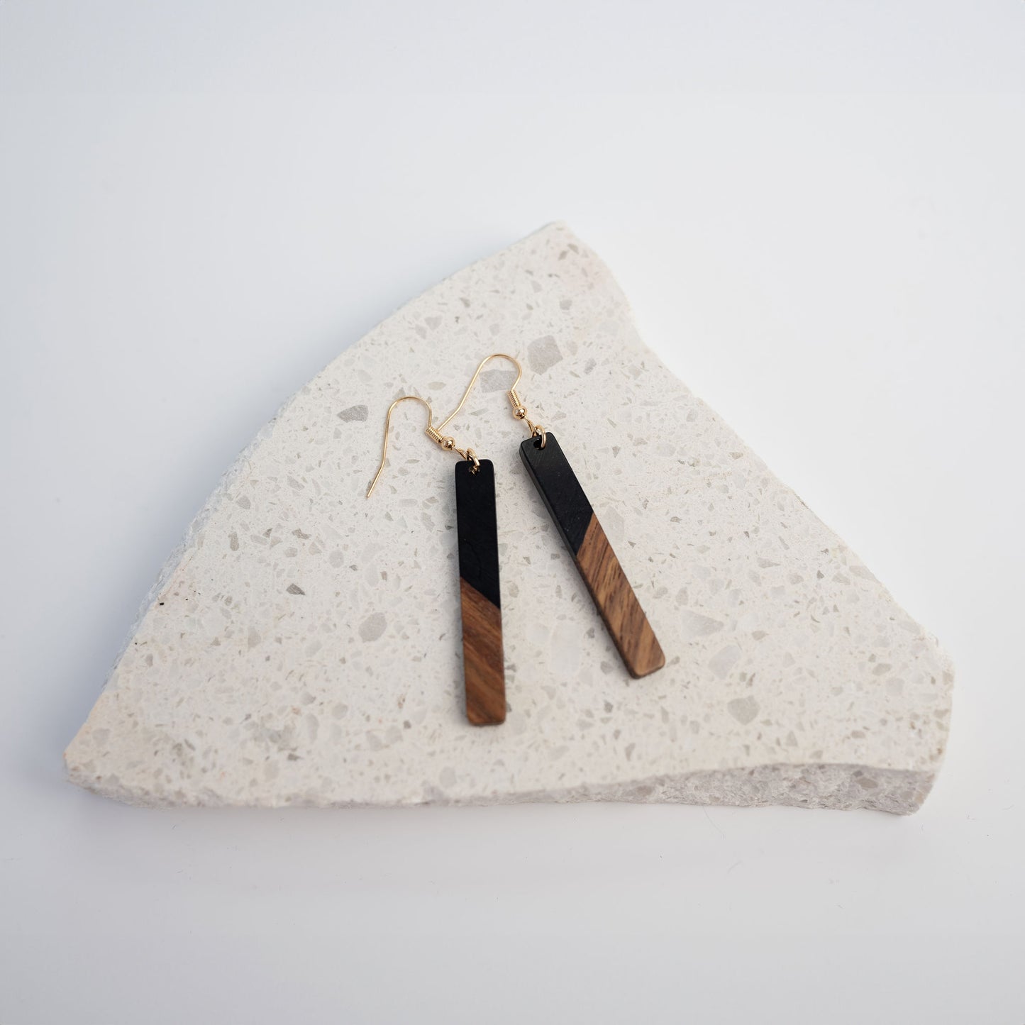 Black - Rectangular Wood & Resin Earrings