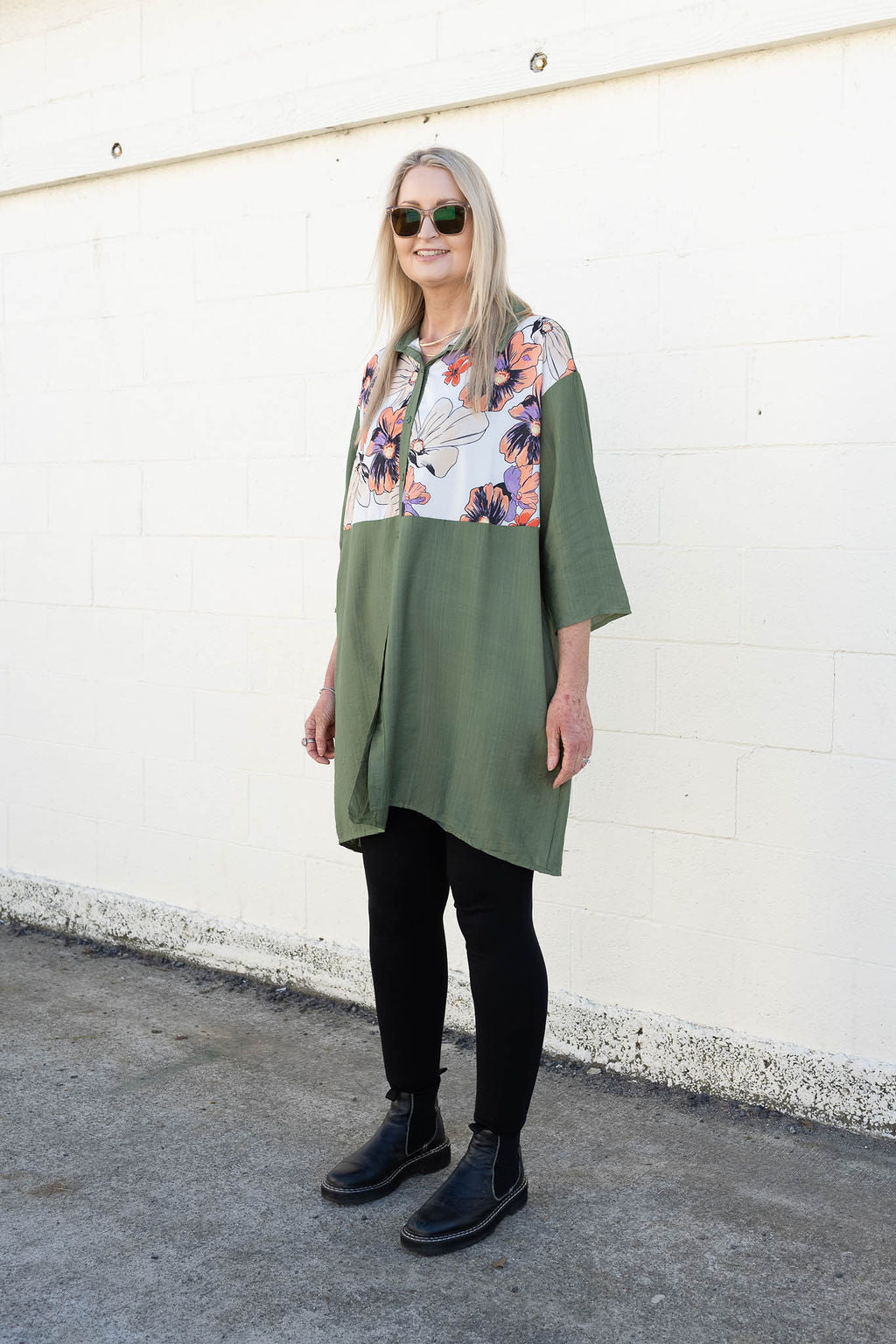 Sage - Flower Button Up Overshirt/Tunic