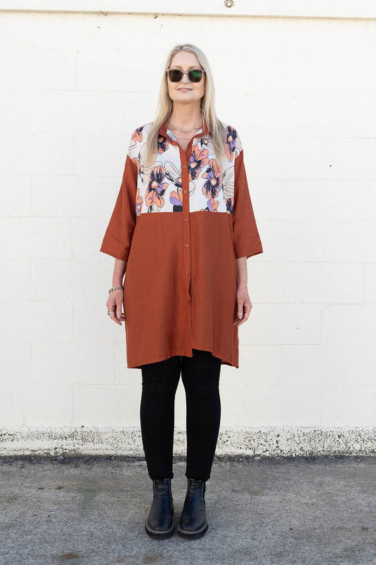 Rust - Flower Button Up Overshirt/Tunic
