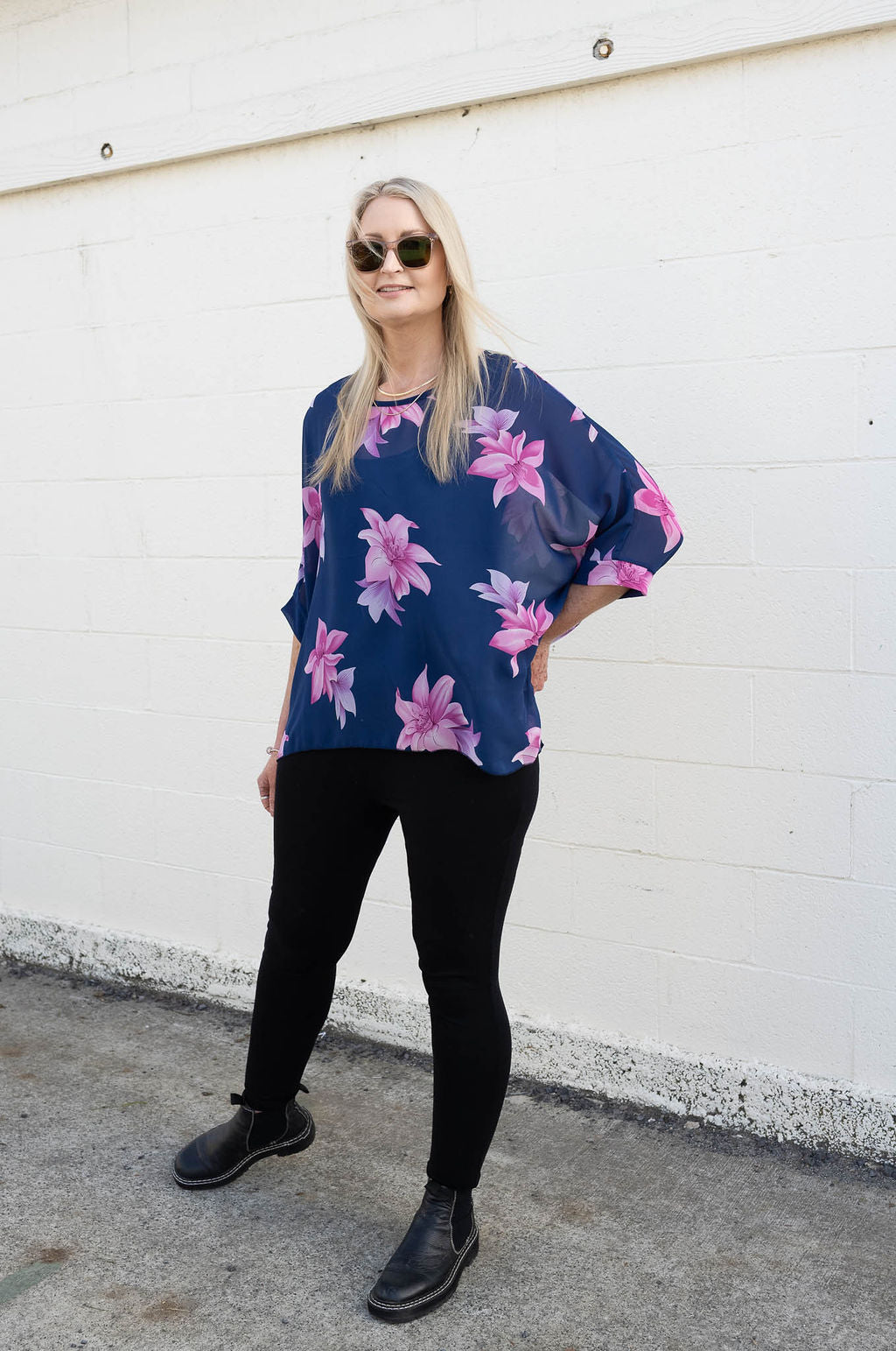 Navy & Fuchsia Floral Draped Top - Floral Collection