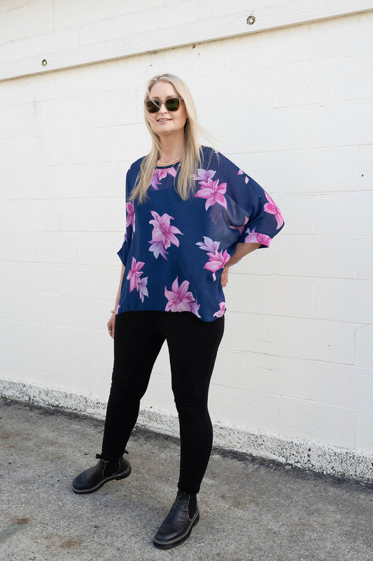 Navy & Fuchsia Floral Draped Top - Floral Collection