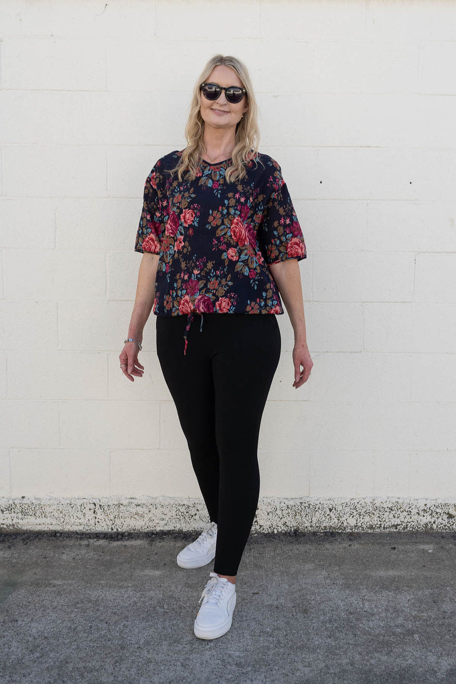 Short Sleeve Verity Tie Top - Navy & Pink Blossom
