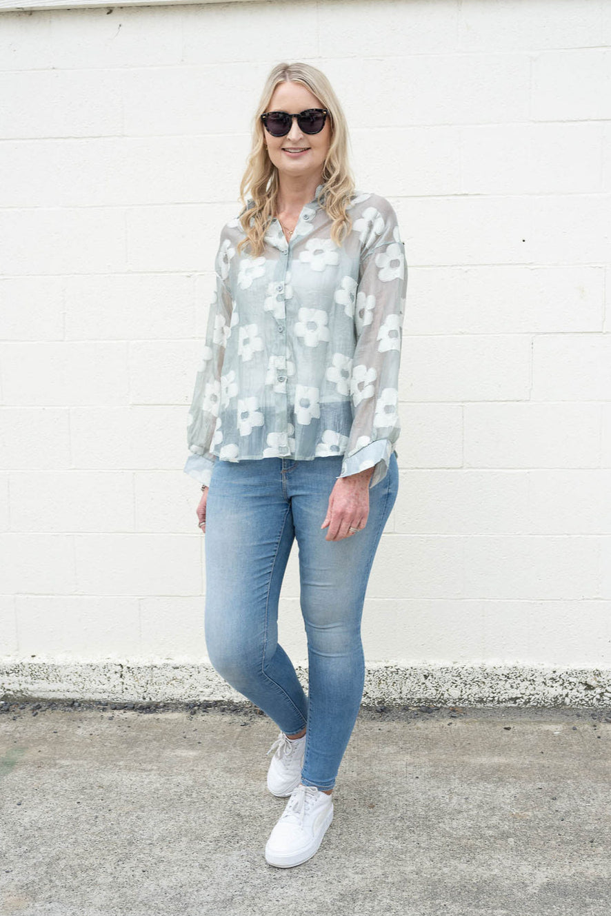 Sheer Floral Suri Button Up Shirt - Sage