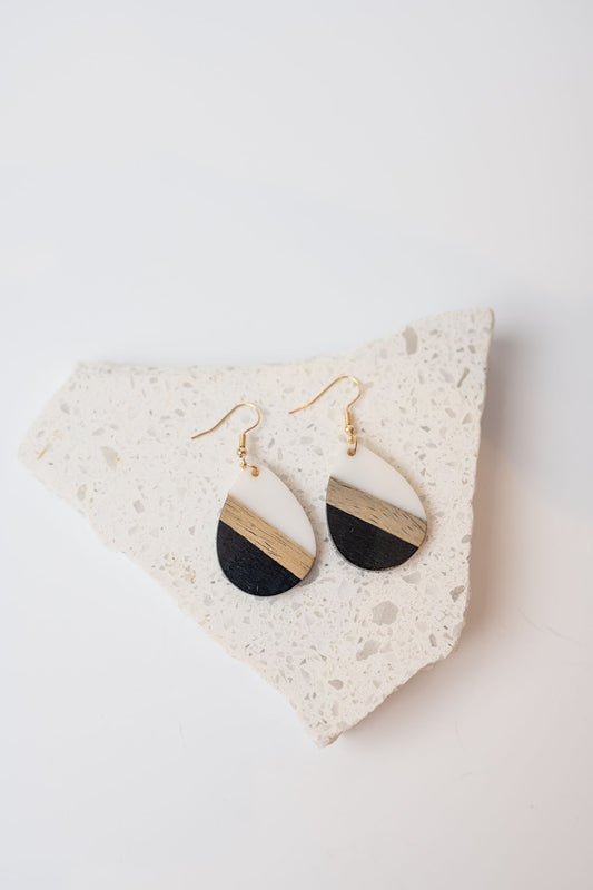 Black & White - Teardrop Wood & Resin Earrings