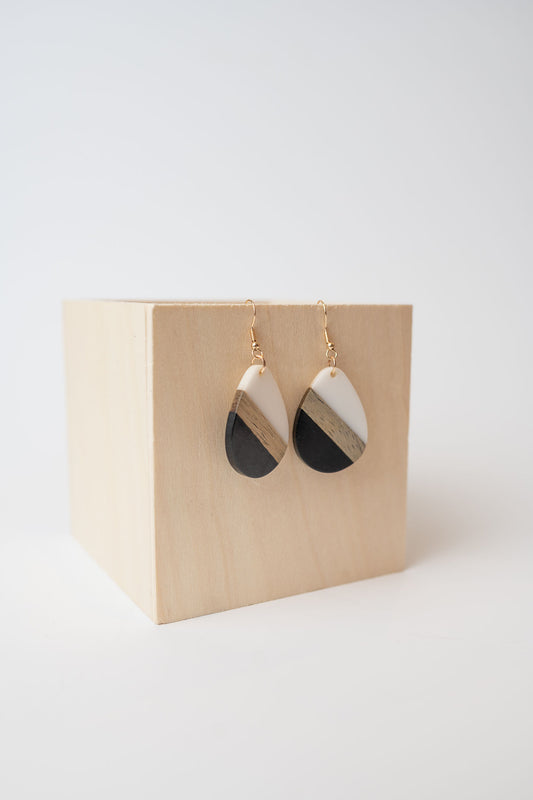 Black & White - Teardrop Wood & Resin Earrings