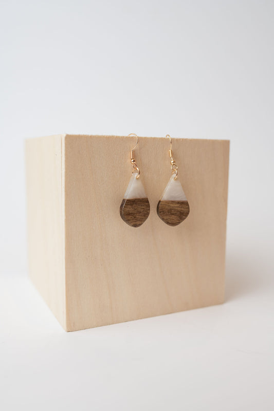 Little Teardrop White/Wood & Resin Earrings