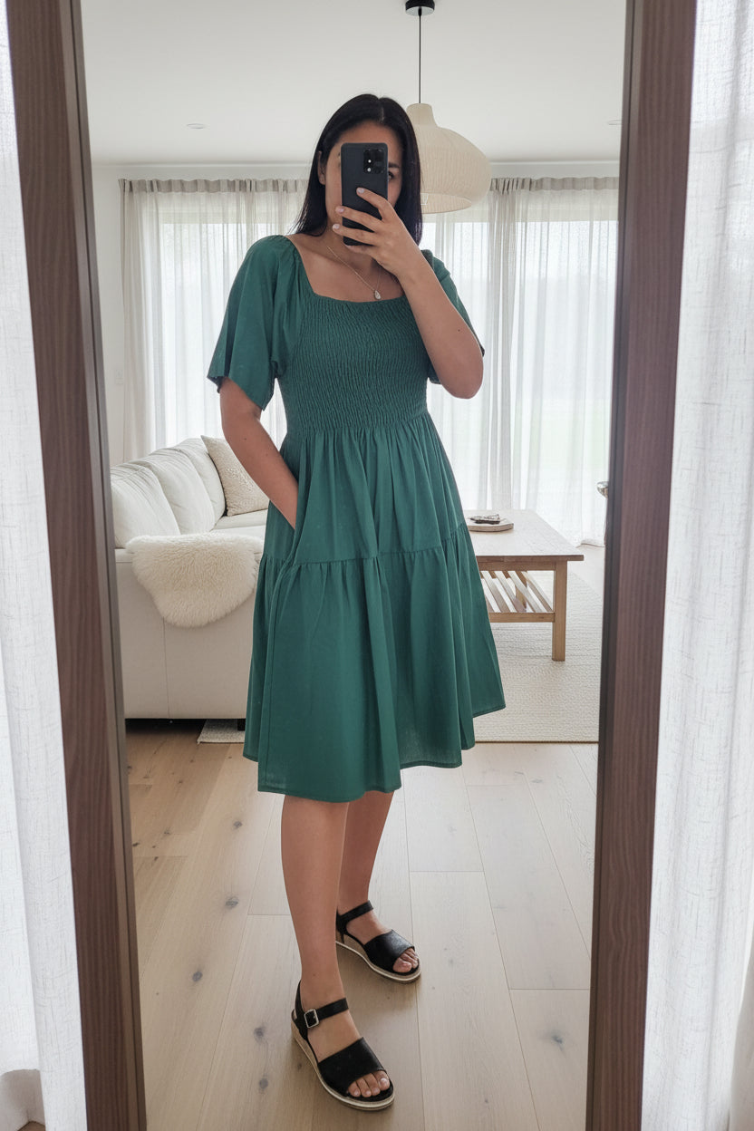 Plain Shirred Bust Louisa Dress - Emerald Green