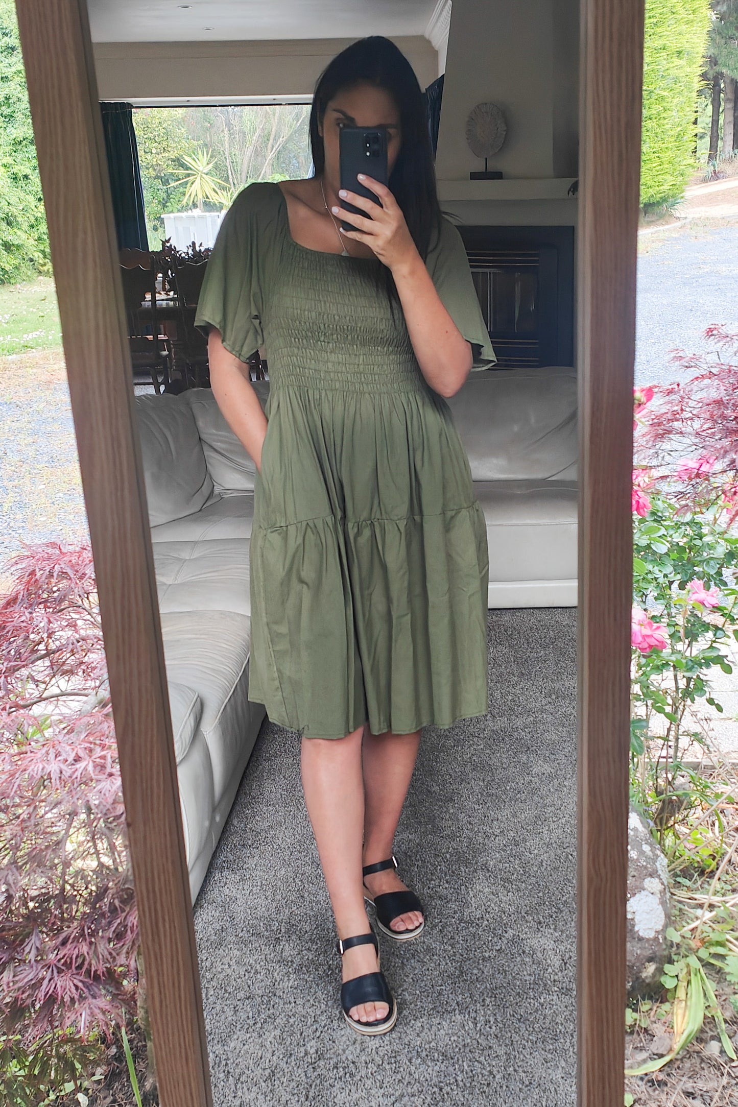 Plain Shirred Bust Louisa Dress - Khaki