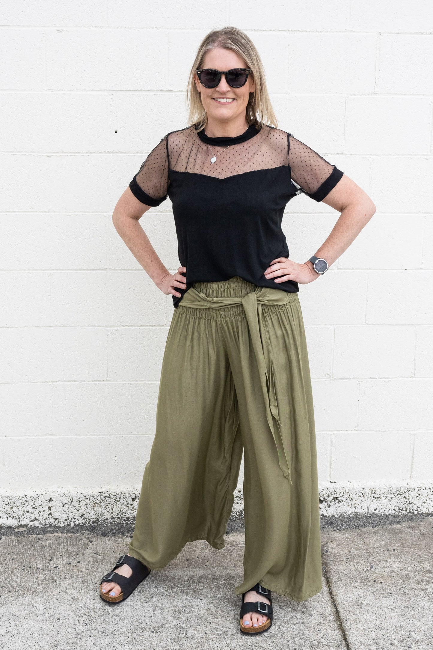Loose Tie Palazzo Pants - Olive