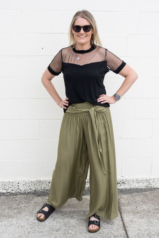 Loose Tie Palazzo Pants - Olive
