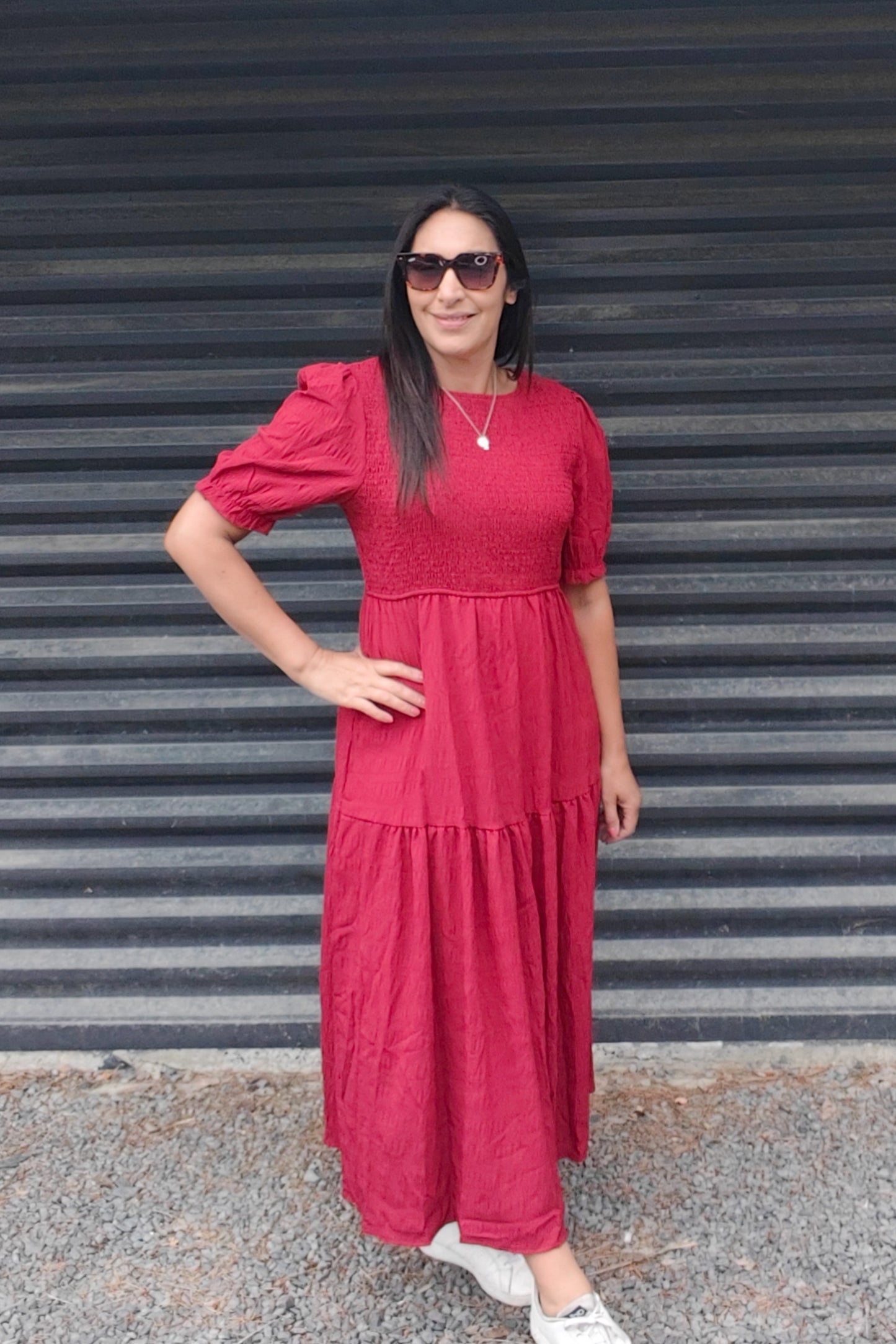 PRE-ORDER** Raspberry - Textured Short Sleeve Shirred Josephine Dress