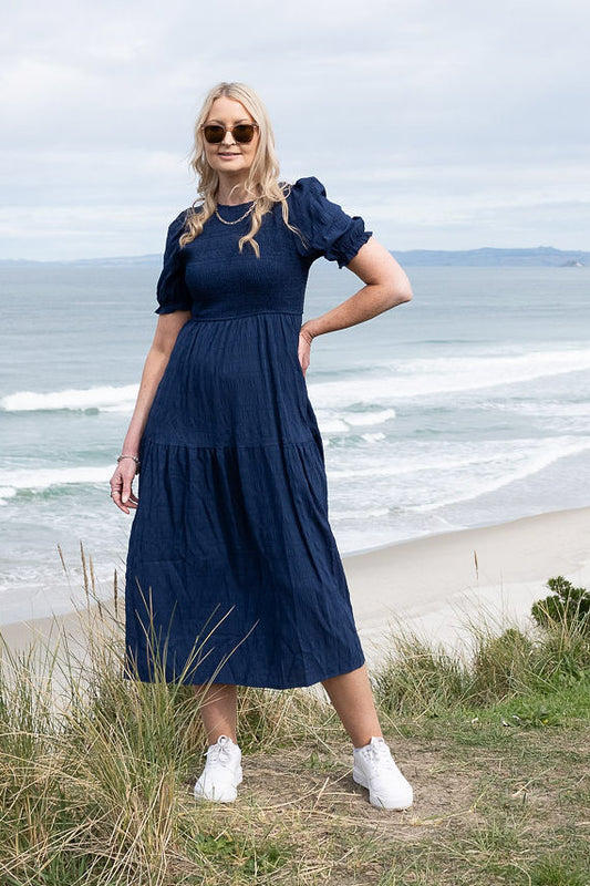 PRE-ORDER** Navy - Textured Short Sleeve Shirred Josephine Dress