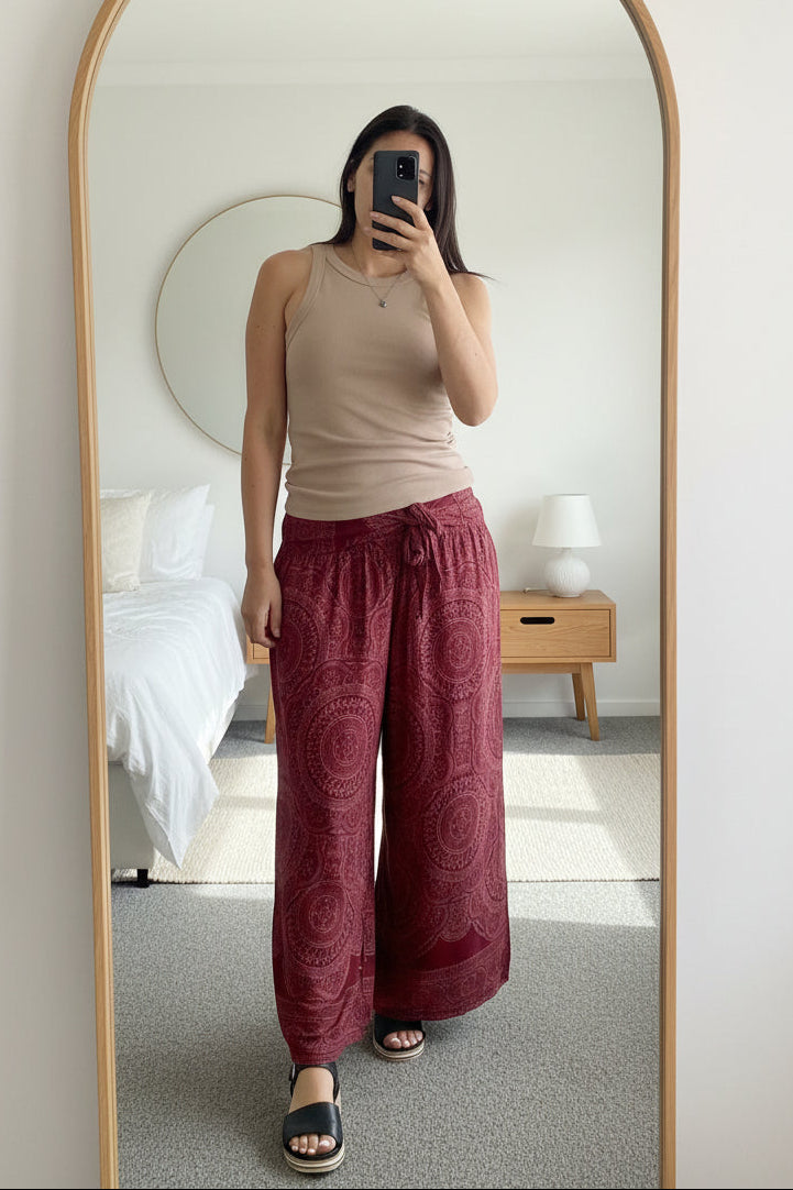 Loose Tie Palazzo Pants - Wine Mandala