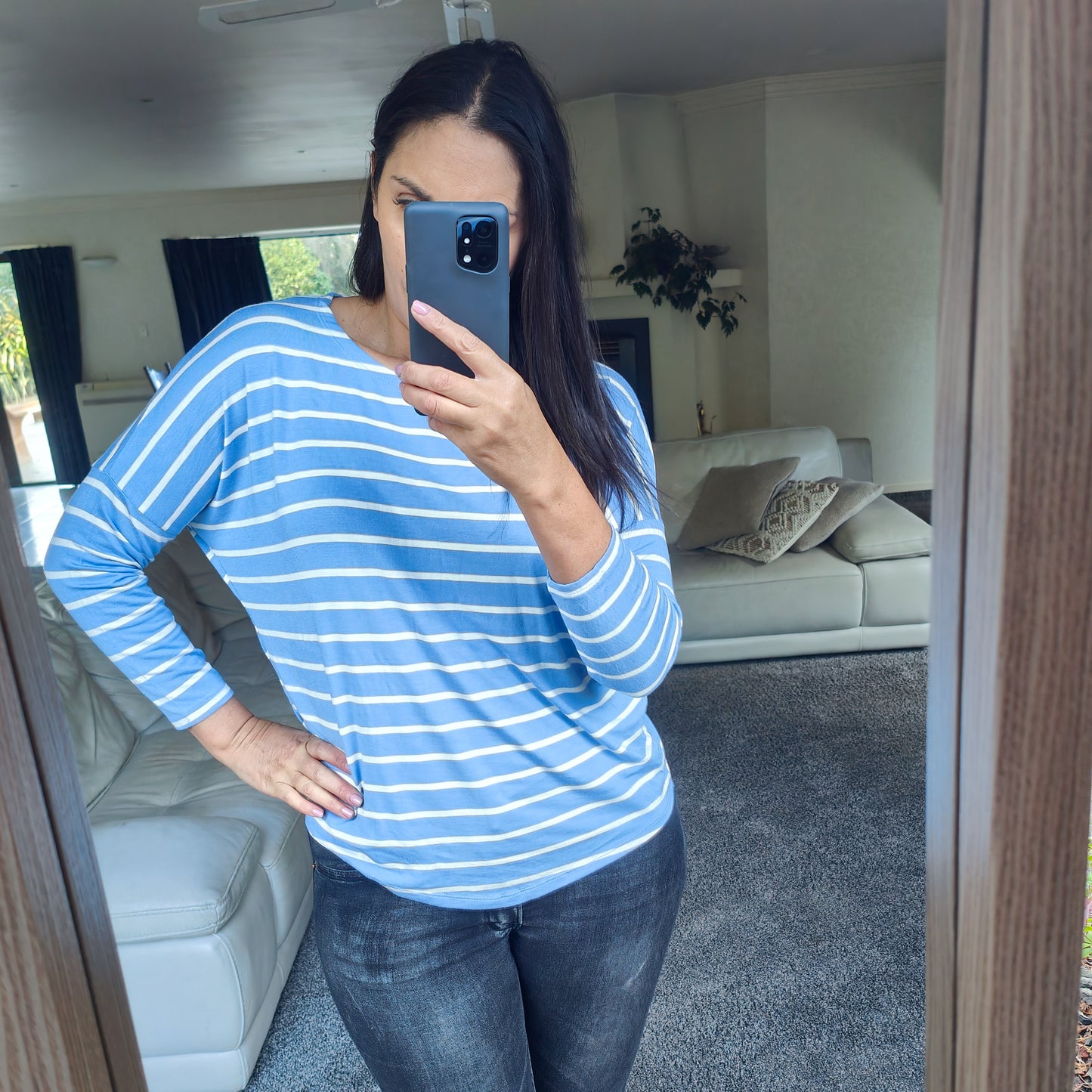 Wide Stripe Batwing Molly Top - Baby Blue