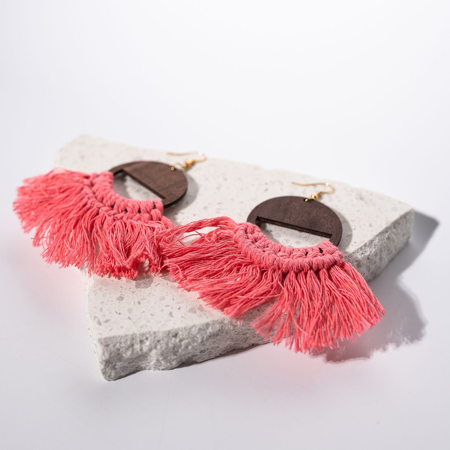 Pink Macrame Tassel Wooden Earrings