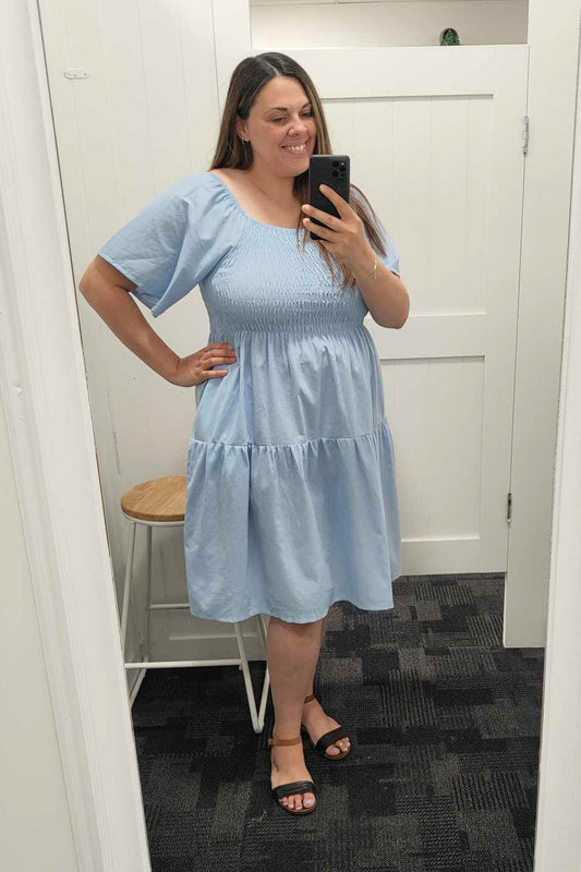 Plain Shirred Bust Louisa Dress - Sky Blue