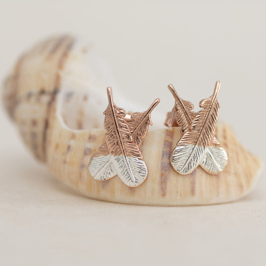 Rose Gold - Crossed Huia Feather Studs
