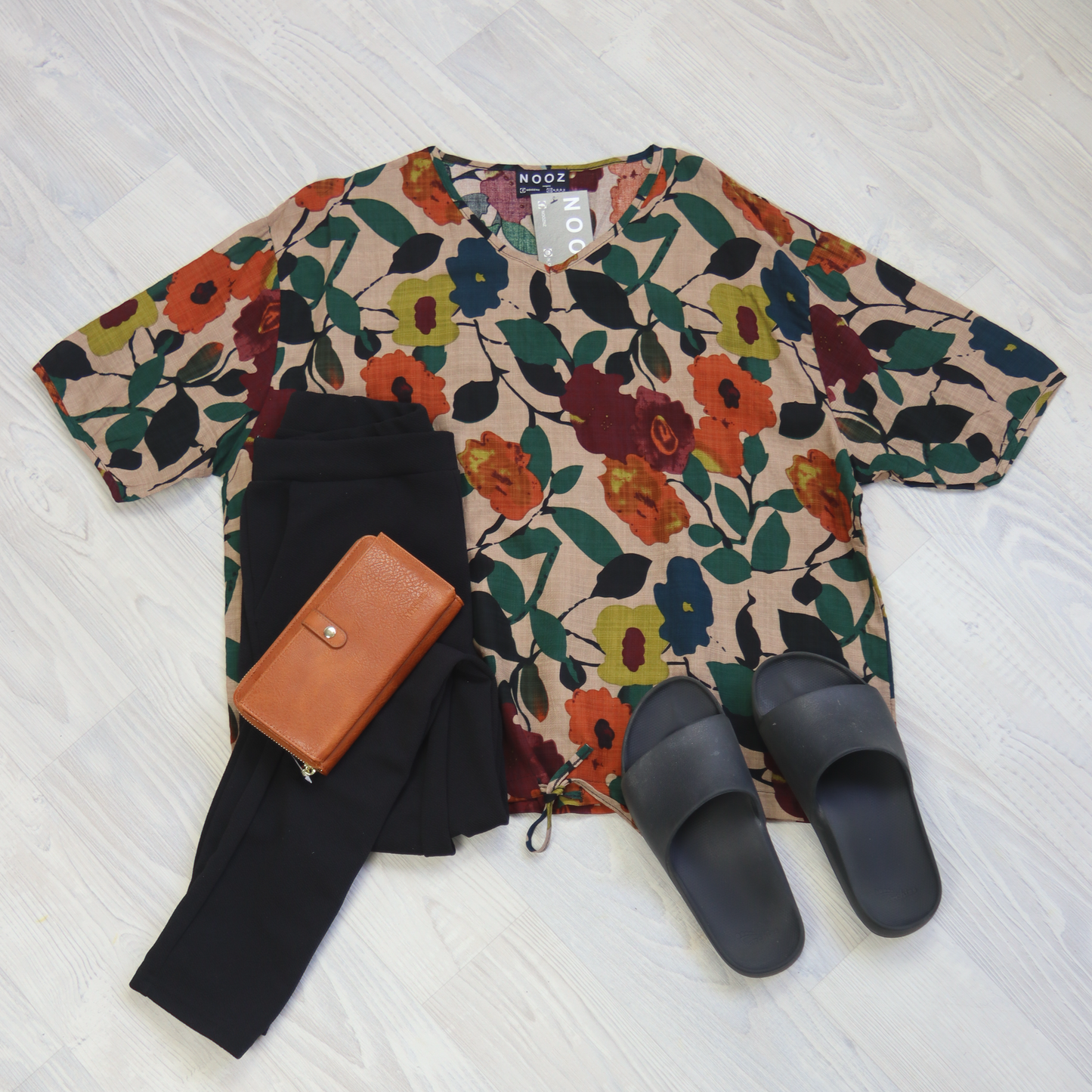 Short Sleeve Verity Tie Top- Tan Autumn Floral